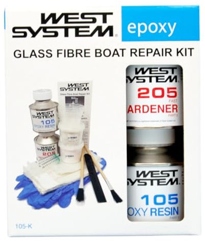 WEST SYSTEM 105-K Epoxy Resin & Hardener Fibreglass Repair Kit - Strong Marine Grade Waterproof Epoxy, Repair Kits for Fibreglass Boats - Includes Gloves, Tape, 2x Brushes & Syringes