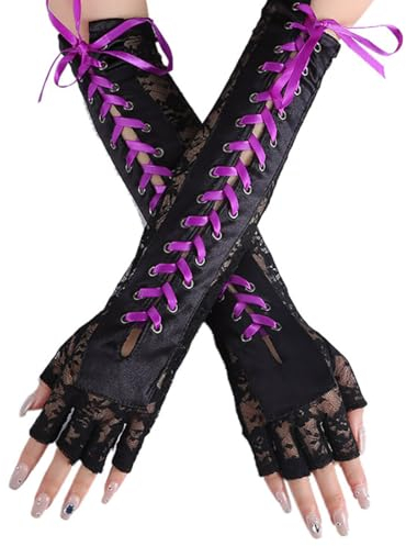 Prosy Schwarz Schnürung Fingerlose Handschuhe Lange Ellbogen Handschuhe für Kostüm Party Schnürung Arm Warmer für Frauen und Mädchen (Lila)