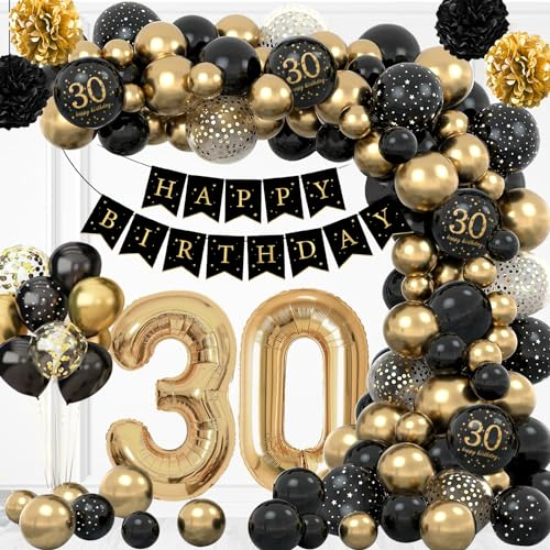 AivaToba 30 Geburtstag Frauen Männer, 30. Geburtstag Deko Frau Mann, 30 Geburtstag Deko Luftballons Schwarz Gold Konfetti Party Geburtstagsdeko 30.