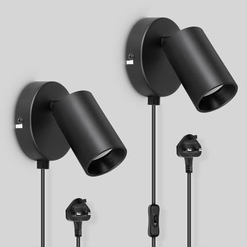 TaFiCo 2 Pack Black Vintage Wall Light - Plug in Cord 350° Adjustable - 7W Indoor Plug in Light for Bedroom, Living Room, Kitchen, Desk