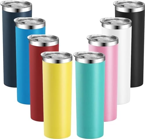 Skinny Tumblers,8 Pcs 20 Oz Stainless Steel Tumbler Bulk with Lids Bulk,Blank Slim Vacuum Insulated Cup Double Layer Water Reusable Travel Coffee Mug for DIY Cold Hot Drinks