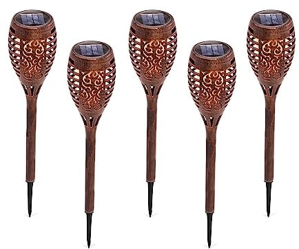 esotec Solar Gartenfackel Monza, 5er Set, Tribal Design, kupferfarben, Akku, LED Flackerlicht, Gartenstecker, Stecklichter, Solarleuchten, Kunststoff, IP44, außen, wetterfest, 102870