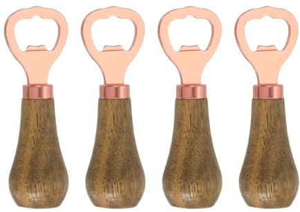 sourcing map Vertical Bottle Opener, 4Pcs - Wooden Handle Stainless Steel Beer Bottle Opener, Bartender Handheld Bottle Openers, for Home Bar Kitchen (Rose Gold)