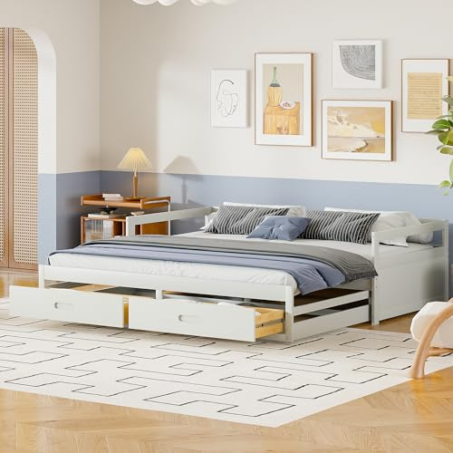 Sofá cama extensible multifuncional de pino con dos cajones, convertible de cama individual a doble (90/180 x 200 cm), ideal para apartamentos pequeños, color blanco