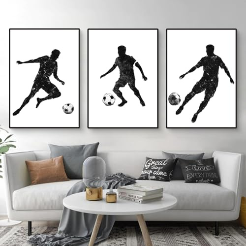 3er Bunt Fußball Poster Set, Kinderzimmer Wandbilder, Fußball Bilder Set für Teenager Jungen Schlafzimmer, Leinwand für Wohnzimmer Wanddeko Geschenk, Ohne Rahmen (Schwarz und Weiß Fußball,50x70cm)