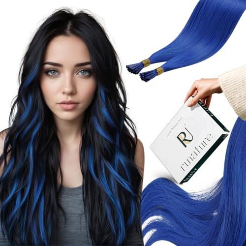 RUNATURE Blue Keratin Stick I Tip Hair Extensions Real Human Hair Blue Keratin Hair Extensions Human Hair Natural Extensions Blue Hair 18 Inch 25Gram