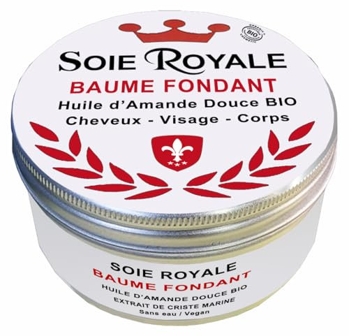 Baume Fondant BIO Sans Alcool Huile d’Amande Douce Cryste Marine Soin Cheveux Massage Visage Corps Nourrit Hydrate Lisse régénère la peau Brillance Intense Offert 1 Soie Royale BIO Cure Soyeuse 15 ml