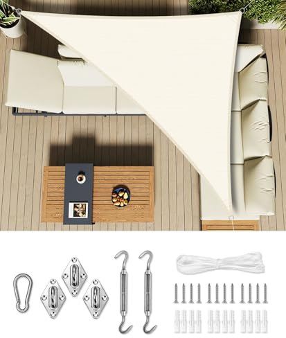 LOVE STORY Vela Ombreggiante 5x5x7m con Kit di Fissaggio Triangolare Beige Tenda da sole per esterno Ombreggiante Permeabile (HDPE) con Protezione 95% UV Per Esterno, Giardino, Terrazzo, Balcone