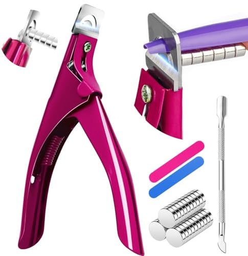 IUHFSIFS Upgade Acrylic Nail Cutter with Sizer Magnet【Sharp High Titanium Alloy Blade】 Nail Clippers for Acrylic Nail【100% Accurate Measurement】 Manicure Salon Home, Acryli Nail Clippers, Dark Pink