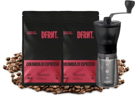 Espresso Starterpack, Beutel 2 x 250 g + Hario Kaffeemühle für Spezialkaffee | Specialty Coffee 86 SCA | Kolumbien | ideale Filterzubereitung | frische Röstung in Spanien | 500 g