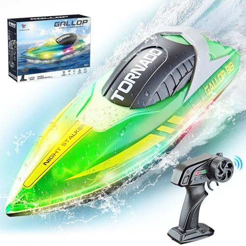 JONRRYIN Ferngesteuertes Boot, RC Boot mit LED-Licht für Pools und Seen, 2,4 GHz Ferngesteuerte Boote RC Rennboot, Speedboot Poolspielzeug für Kinder und Erwachsene (Green)