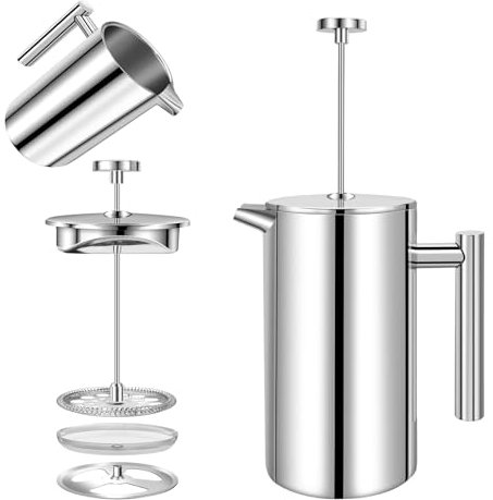 AUTOFU French Press 6-8 Cup Cafetiere, Stainless Steel 1000ml Double Walled French Press with 3 Level Filtration System, Dishwasher Safe Filter Coffee Maker with Plunger