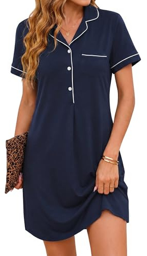 Jahetuul Women's Nightdress Short Sleeve Button Down Nightshirts for Ladies