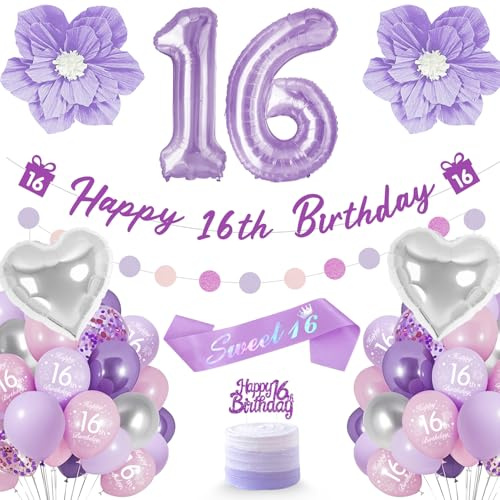 Deko 16 Geburtstag Mädchen, Lila Sweet 16 Deko Mädchen Umfassen Folienballon 16, Kuchen Topper, Bänder, Sash, Violette Blumen, Luftballon 16. Geburtstagdeko