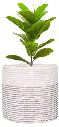 Maceta con forro para plantas de interior, maceta plegable de algodón, cesta de almacenamiento tejida para plantas, macetas de flores, organizador de juguetes de lavandería (blanco, 25 x 25 cm)