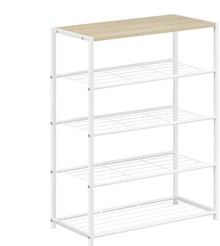 WOLTU Schuhregal mit 4 Ebenen, Schuhständer Metall, Schuhaufbewahrung platzsparend, Schuhorganizer für 12 Paar, Flur Wohnzimmer, 63x83x30 cm, weiß