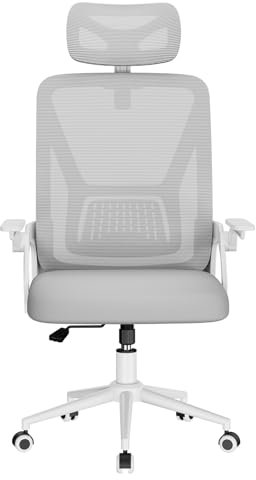 naspaluro Chaise de Bureau Ergonomique avec Accoudoirs Rabattables à 90°, Soutien Lombaire Unique, Appui-tête Réversible, Maille Respirante, Siège Pivotant à 360° avec Fonction Swing, Gris