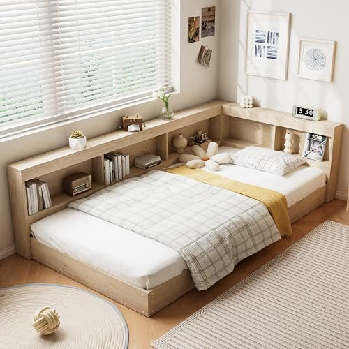 Miyemo Single Bed Frame, 3ft Storage Bed for Adults & Teenagers, Platform Bed with Storage Compartments and Slats, MDF+Plywood, 90 * 190cm, White Oak, (No Mattress)