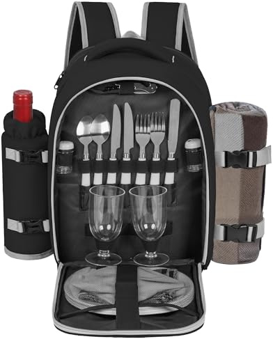 FREEAMG Picknick-Rucksack für 2 Personen, mit Kühlfach, isoliert und wasserdicht, Picknicktasche mit Set und Decke, für Strand, Camping, Wandern (schwarz)