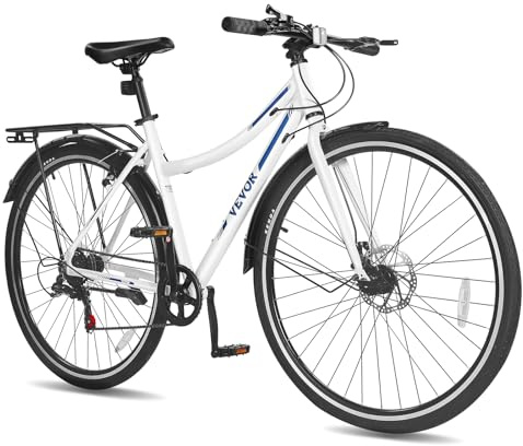 VEVOR Hybrid Bike, Lightweight Aluminum Frame Bike, 700c Wheel Men and Women Hybrid Bicycle, Step-Through Adult Urban City Commuter Bikes with 7-Speed Shimano Drivetrain, Dual Brake, Adjustable Seat