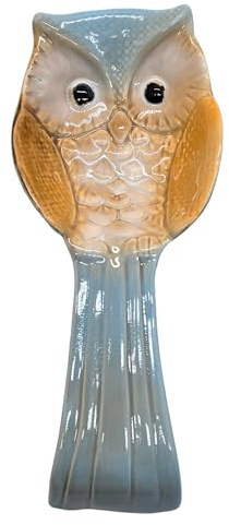BOHK Ceramic Spoon Rest Ladle Holder for Spatula Tongs Kitchen Counter Utensil(Blue Owl)