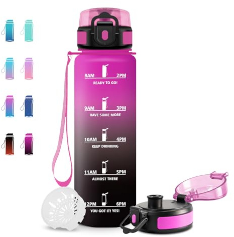 JAPORIA Botella Agua 1L, Botella Motivacional, Cantimplora con Filtro para Escuela, Oficina, Sport, Yoga, Gimnasio