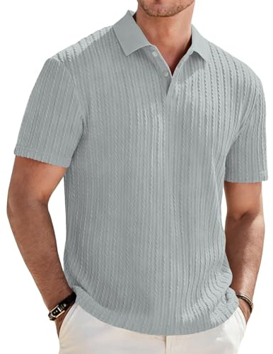 Focixfor Men's Polo Shirts Short Sleeve Button Regular Fit Casual Golf Striped Shirt Grey L