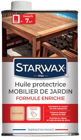 STARWAX - Huile Protectrice Mobilier de Jardin en Bois - Nourrit et Protège Contre les Taches et les Graisses - Résiste à l'Eau et aux UV -Bois Européens et Exotiques - Incolore - 0,5l - Jusqu'à 7m²