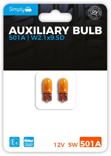 Simply S501ABL 501A Amber Auxiliary Bulb Bliste,Provide Drivers with more time to React to Changes in Traffic Situations ,Oranger, 12V 5W, Base W2.1 x 9.5D, Orange