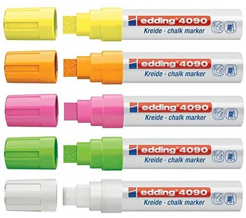edding 4090 Kreidemarker - 5 Kreidestifte - Keilspitze 4-15 mm - breiter Kreidestift für Tafel abwischbar - zum Beschriften von Fenster, Glas, Spiegel - Tafelstift mit deckenden Farben (Sortiert)