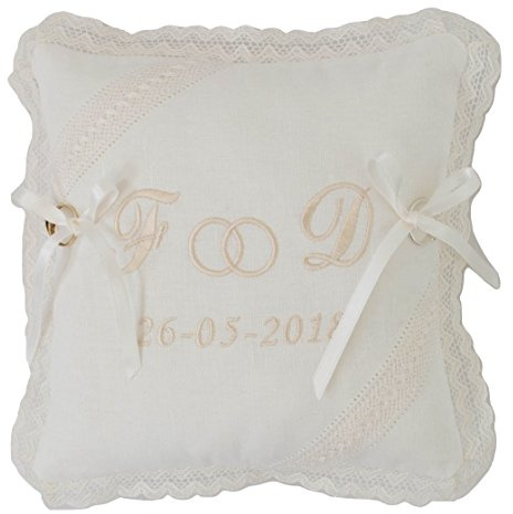 Cojín o Almohada para Anillos, alianzas de Boda Bordado con Las Iniciales de los Novios y Fecha DE LA Boda. Fabricado en España