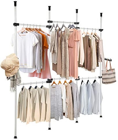 Cocoarm Begehbarer Kleiderschrank System, Offener Kleiderständer Teleskop Kleiderstange Garderobensystem Teleskop Garderoben Platzsparend Kleiderständer mit 2 Haken Einstellbare Länge 230-330cm