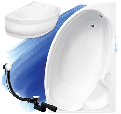 BADLAND Badewanne Original Weiß Acryl Wanne Eckbadewanne FINEZJA 140x95 Rechts KOMPLETTSET SET mit Weiß Acrylschürze + Füßen und Exklusive Chrom Automatik Ablaufgarnitur Made in EU 4in1