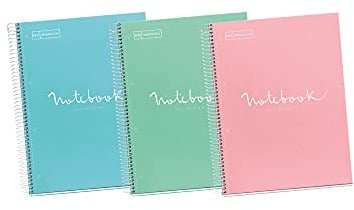Miquelrius - Pack 3 Notizbücher A4 Emotions, 80 Blatt 90 g/m², Raster 5 x 5 mm, 1 Farbstreifen, Mikroperforierte Spiralbindung, Extra Hardcover, 4-Loch-Stanzung, Pastellfarben