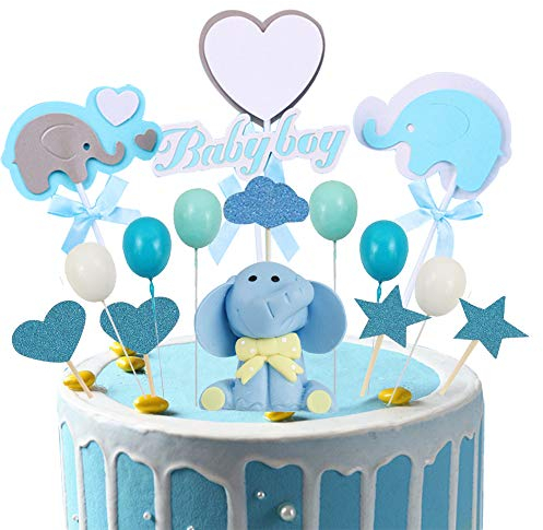 41 Stücke Tortendeko Babyparty, Junge Elefante Baby Boy Luftballon Sterne Kuchen Tortendeko,Geburtstag Cupcake Tortenstecker für Baby Shower Kindergeburtstag Kuchendeckel Topper