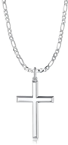 FANCIME Herren Kette aus 925 Sterling Silber Gelb Gold Vergoldet Kreuz Anhänger mit Figaro Panzerkette, Hip-Hop Halskette Schmuck Geschenk für Ihn Jungs Kinder - Kettenlänge: 60 cm