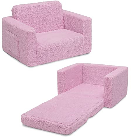 Delta Children Cozee Flip-Out Sherpa 2-in-1 Convertible Chair to Lounger for Kids, Pink