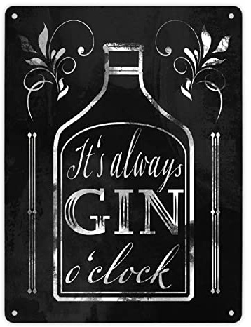 It's always Gin o'clock Metallschild XL in 21x28 cm mit Spruch für die Bar in schwarz lustiges Blechschild für die Minibar Bardekoration Deko für die Kneipe