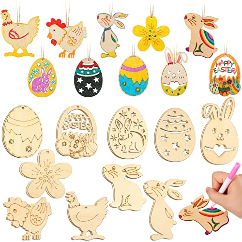 20 Stück Ostern Basteln Holz Ornamente Unvollendet Basteln Osterdeko Holz zum Aufhängen Ostern Holzanhänger mit Loch Ei Hase Huhn Blumen Form Holzausschnitte mit 2 Seilen (Niedlicher Stil)