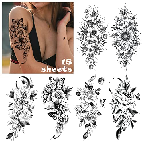 Acevegue 15 Blätter Fake Tattoos, Temporäre Tattoos 3D Rose Tattoo Schmetterlings Tattoo Arm Tattoo Erwachsene, Klebetattoos Erwachsene Tatoos Aufkleben Damen Fake Tattoos Frauen Tattoos zum Aufkleben