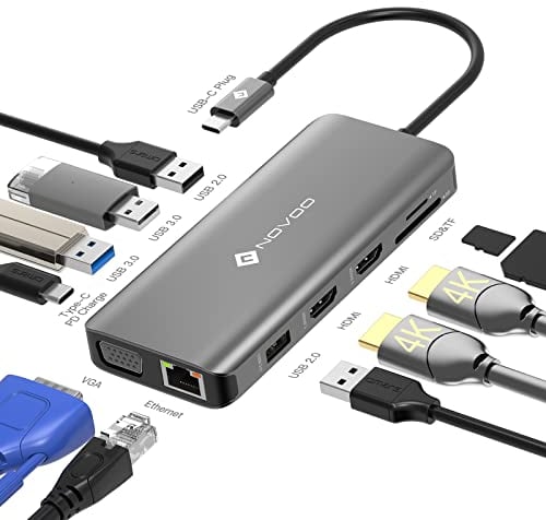 NOVOO Hub USB C avec Double HDMI 4K, Station d'accueil USB C 11 en 1 avec RJ45 Gigabit Ethernet, 2 USB 3.0, 2 USB 2.0, VGA, Type C 100 W PD, Cartes SD/TF Adaptateur pour MacBook Pro/Air, Dell, Lenovo