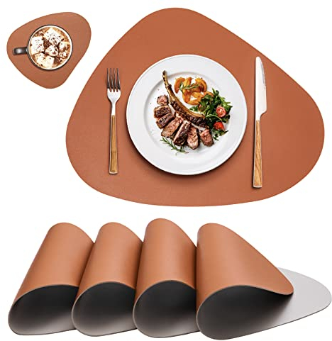 Platzsets Platzdeckchen Abwaschbar Rund,Tischsets rutschfest,Teller Untersetzer Rund,Tischset Lederoptik,Doppelseitigen Platzset und Untersetzer Teller 4er Set Ovall(Braun&Grau)