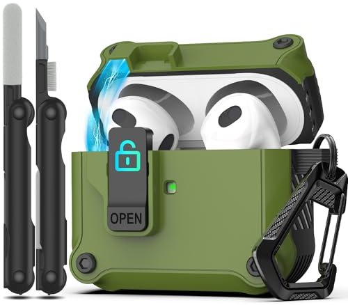 RFUNGUANGO Funda para Airpods de 3ª generación con Clip de Bloqueo Seguro, Protector de Carcasa Dura a Prueba de Golpes,Compatible con Apple AirPod de 3,Verde Oliva