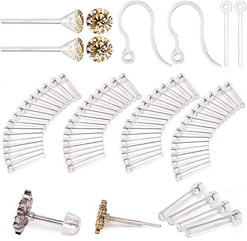 108pcs Silicone Earring Allergy Sleeve for Sensitive Ears with 4 Sizes Anti-Allergy Sleeves and Zircon and Posts and Hooks and Earring Backs (Gold Color)