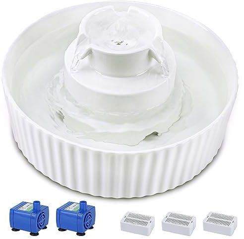 Lawfery Fuente de agua de cerámica para gatos, fuente de 2.1L/71 onzas con 3 filtros de carbono y 2 bombas silenciosas, dispensador de agua para mascotas para gatos y perros (blanco)
