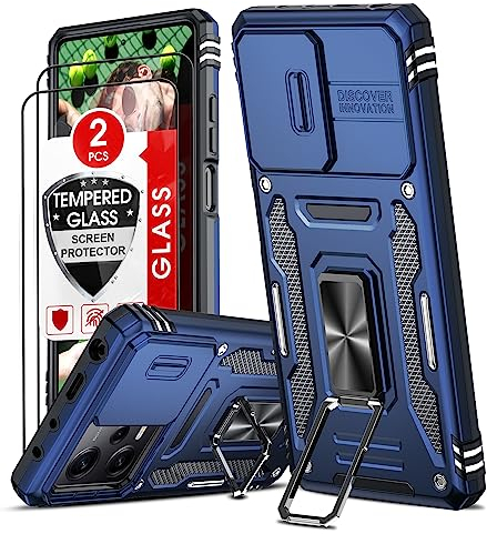 LeYi Funda para Xiaomi Redmi Note 12 Pro 5G/Poco X5 Pro 5G con 2 Piezas Vidrio Templado, Armor Carcasa Cubierta de Cámara Deslizante Proteger 360 Full Protección Anillo Soporte Bumper Case, Azul