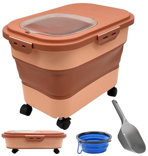 kathson Dog Cat Food Storage 20lb Folding Dog Food Bin with Lid Wheels Airtight Pet Food Storage Container with Collapsible Pet Bowl & Measuring Scoop Dry Food Seed Rice Cereal Storage Bin(Pink)