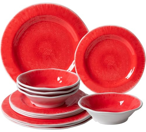 ZAROCRUS Melamine Dinnerware Set, Red Dishes Set for 4 with Dinner Salad Plates and Bowls, Lightweight Dinnerware Set Great for Outdoor, RV, Camper or Christmas, Dishwasher Safe