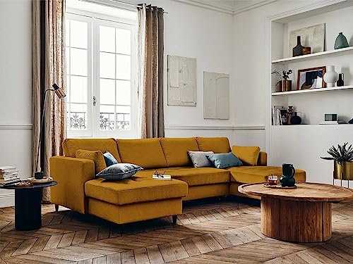 Lisa Design Anna – Wohnlandschaft U-Form – 7-Sitzer – mit Schlaffunktion und Bettkasten – aus Samt Gelb