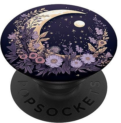 PopSockets Boho Moon And Wildflowers Adhesive PopGrip - Black - Floral Pattern - Swappable Top - Phone Grip - Compatible with Mobile Devices